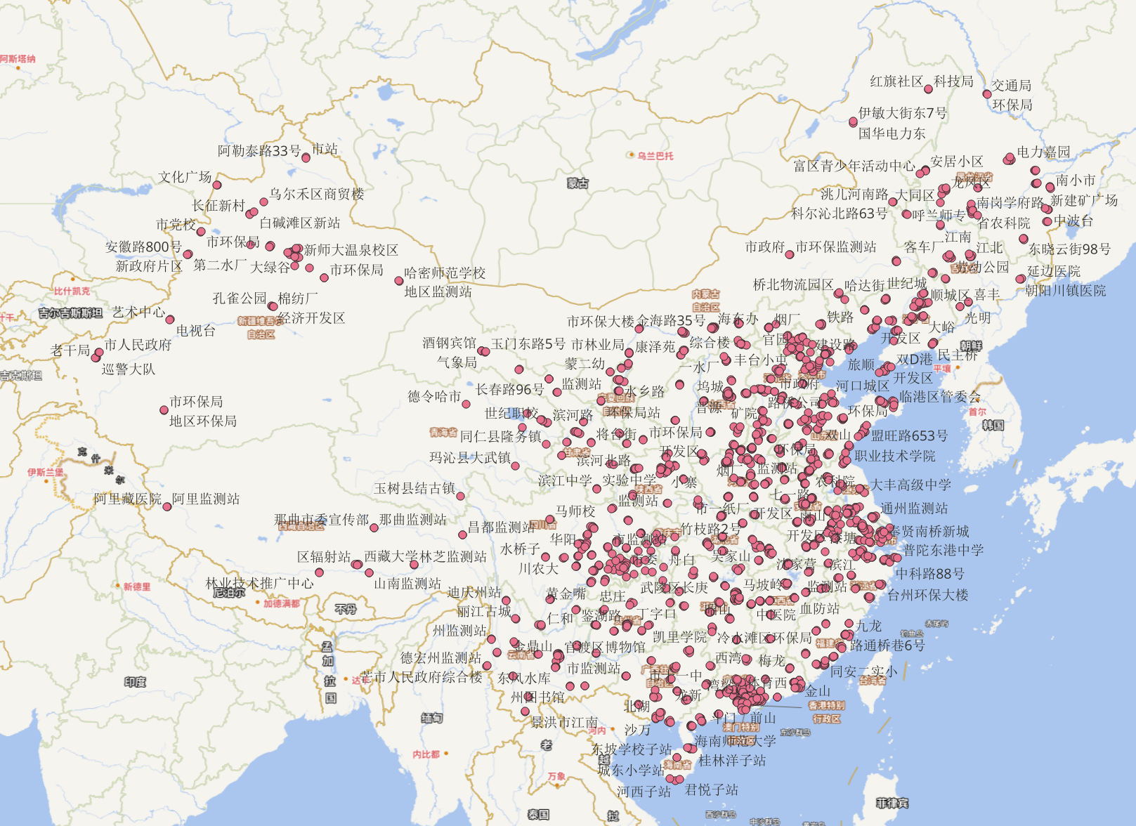 全国空气质量监测站分布图（共1597个站点-截至2026/03/02）